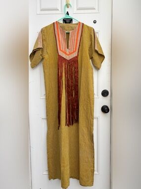 Vintage 70s El Nopal Striped Caftan Dress M Boho Fringe Folk Mexican Cotton Maxi